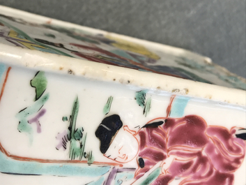 A square Chinese famille rose brush pot on wooden stand, Yongzheng/Qianlong