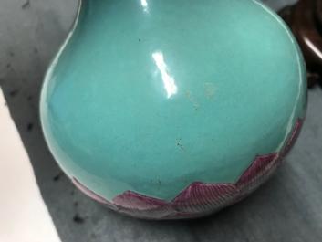 A Chinese famille rose turquoise ground lotus flower-shaped vase, 19/20th C.