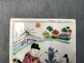 A square Chinese famille rose brush pot on wooden stand, Yongzheng/Qianlong