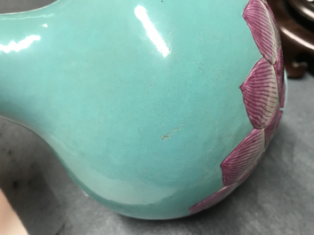 A Chinese famille rose turquoise ground lotus flower-shaped vase, 19/20th C.
