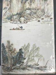 A square Chinese qianjiang cai landscape vase, Wang Youtang, early 20th C.
