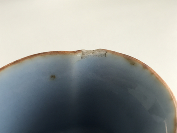 A Chinese underglaze red and blue on clair de lune ground libation cup, Qianlong mark, 18/19th C.