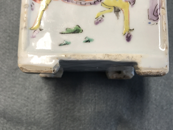 A square Chinese famille rose brush pot on wooden stand, Yongzheng/Qianlong