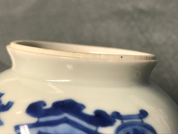 A Chinese blue and white ewer and cover with 'antiquities' design, Kangxi