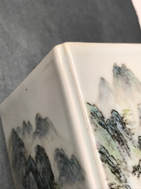 A square Chinese qianjiang cai brush pot with landscapes, 20th C.