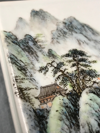 A square Chinese qianjiang cai brush pot with landscapes, 20th C.