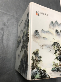 A square Chinese qianjiang cai brush pot with landscapes, 20th C.