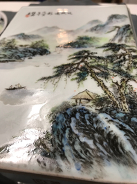 A square Chinese qianjiang cai brush pot with landscapes, 20th C.