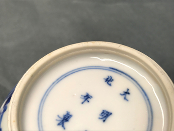 A Chinese blue and white ewer and cover with 'antiquities' design, Kangxi