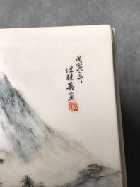 A square Chinese qianjiang cai brush pot with landscapes, 20th C.