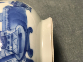 A Chinese blue and white ewer and cover with 'antiquities' design, Kangxi