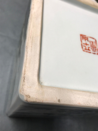 A square Chinese qianjiang cai brush pot with landscapes, 20th C.