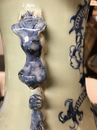 A pair of Chinese blue and white celadon ground vases with dragons and phoenixes, 19th C.