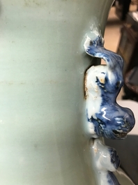 A pair of Chinese blue and white celadon ground vases with dragons and phoenixes, 19th C.