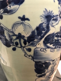 A pair of Chinese blue and white celadon ground vases with dragons and phoenixes, 19th C.