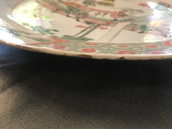 A Chinese famille verte dish with ladies in a garden, Kangxi
