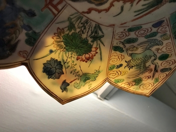 A pair of Chinese famille verte lotus-shaped plates, Kangxi