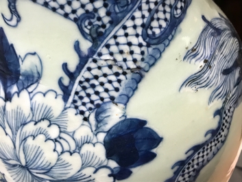 A pair of Chinese blue and white celadon ground vases with dragons and phoenixes, 19th C.