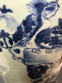 A pair of Chinese blue and white celadon ground vases with dragons and phoenixes, 19th C.