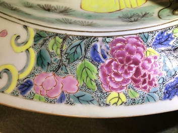 A fine Chinese famille rose dish with figures in a garden, Yongzheng