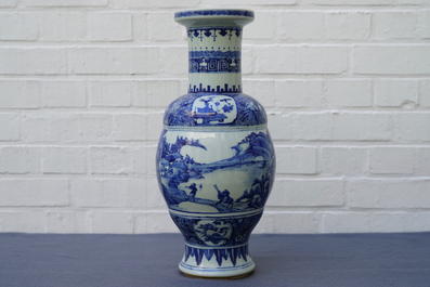 A Chinese blue and white vase with figures in a landscape, 19th C.