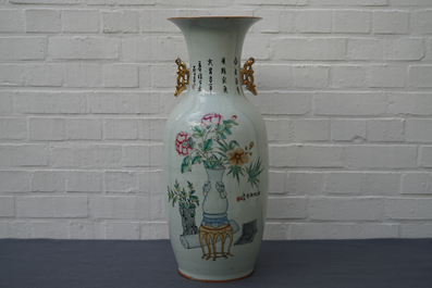 A Chinese famille rose double design vase, 19/20th C.