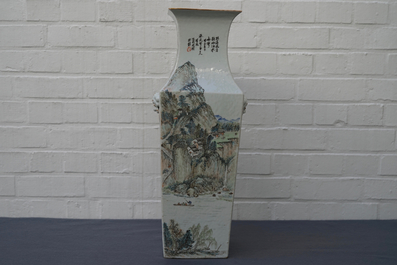 A square Chinese qianjiang cai landscape vase, Wang Youtang, early 20th C.