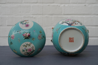 A Chinese famille rose '9 peaches' dish and a turquoise ground bowl and cover, Qianlong mark, 19/20th C.