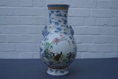 A Chinese famille rose hu vase, Qianlong mark, 20th C.