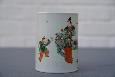A Chinese famille verte Kangxi style brush pot, 19/20th C.