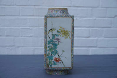 A Chinese famille rose cong vase with flowers and birds, Hongxian mark, 20th C.