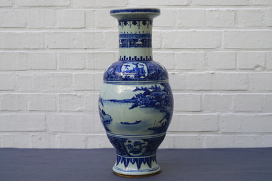 A Chinese blue and white vase with figures in a landscape, 19th C.