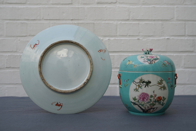 A Chinese famille rose '9 peaches' dish and a turquoise ground bowl and cover, Qianlong mark, 19/20th C.