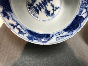 Three Chinese blue and white bowls and a blue ground famille rose vase, Kangxi and 19th C.