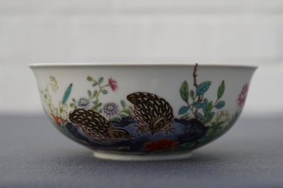 A Chinese famille rose 'quails' bowl, Yongzheng mark, 20th C.