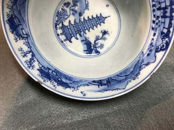 Three Chinese blue and white bowls and a blue ground famille rose vase, Kangxi and 19th C.