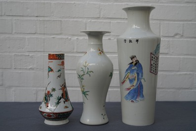 Three Chinese famille rose and verte vases, 19/20th C.