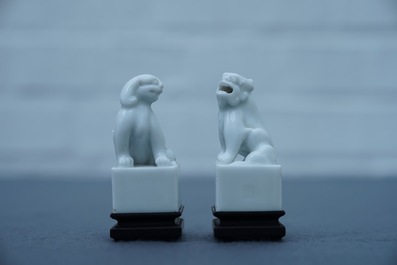 A pair of Chinese Dehua blanc de Chine seals with lions, impressed sealmarks, Kangxi