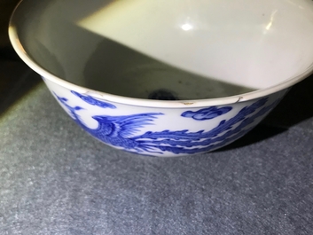 A Chinese blue and white 'phoenix' bowl, Chenghua mark, Kangxi