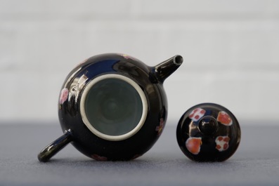 A small Chinese famille rose black ground teapot and cover, Yongzheng/Qianlong