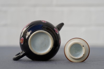 A small Chinese famille rose black ground teapot and cover, Yongzheng/Qianlong