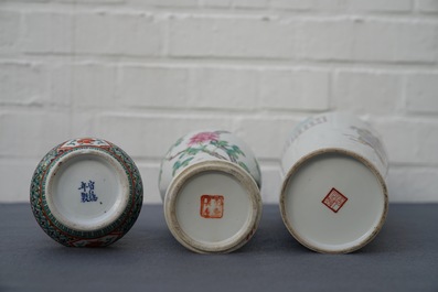 Three Chinese famille rose and verte vases, 19/20th C.