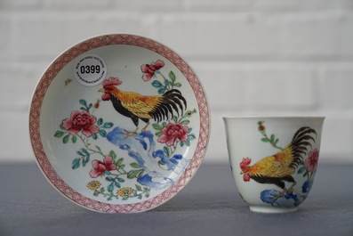 A Chinese famille rose cup and saucer with roosters, Yongzheng