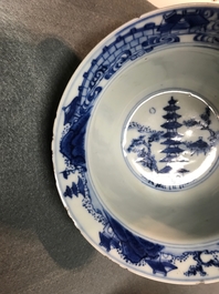 Three Chinese blue and white bowls and a blue ground famille rose vase, Kangxi and 19th C.