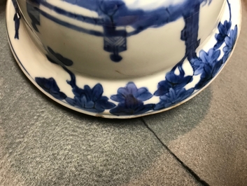 Three Chinese blue and white bowls and a blue ground famille rose vase, Kangxi and 19th C.