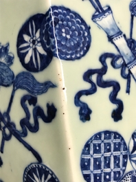 Two Chinese famille rose and blue and white on celadon ground vases, 19th C.