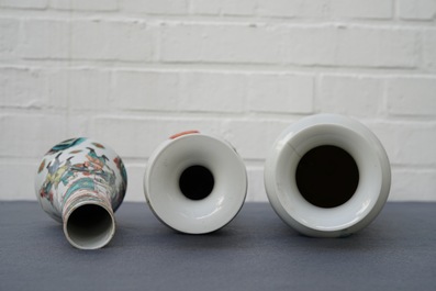 Three Chinese famille rose and verte vases, 19/20th C.