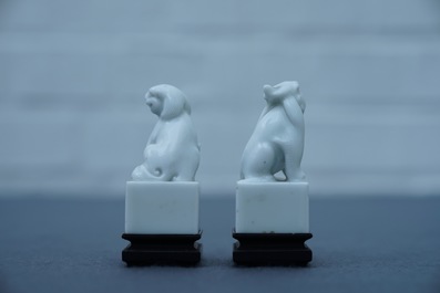 A pair of Chinese Dehua blanc de Chine seals with lions, impressed sealmarks, Kangxi