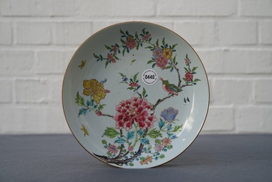 A fine Chinese famille rose plate with a bird among flowers, Yongzheng