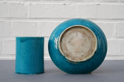 A Chinese monochrome turquoise-glazed brush pot and a plate, Kangxi